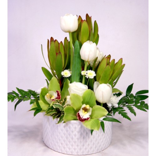 Flower bowl with tulips and orchids M